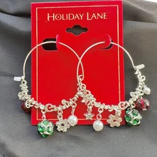 Hoop Earring Merry Christmas Holiday Lane Silver Tone Multicolor 1.5in X 2in New