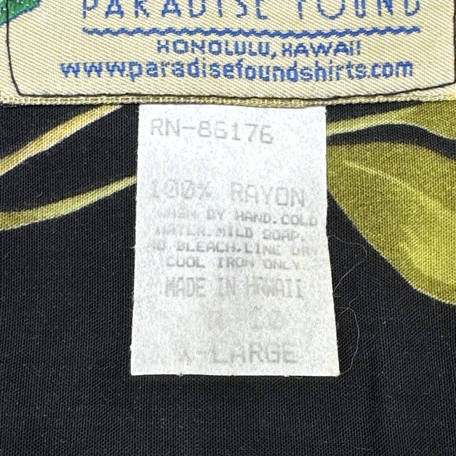 Vintage Paradise Found Hawaiian Shirt XL Green Yellow Floral Rayon Tropical Tiki