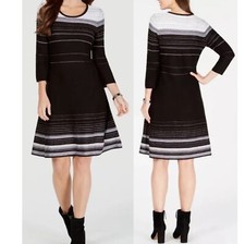 NWT Nine West Wome’s Size L Striped  Fit And Flare 3/4 Sleeve Sweater Dress