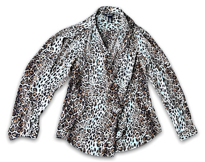 White House Black Market Blouse Top Women's Size 8 Leopard Print Wrap L/S Brown
