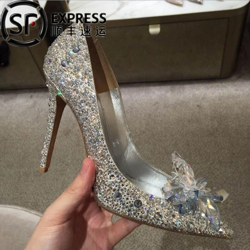 7CM/9cmWomen Silver Cinderella Wedding Diamond Pumps Crystal High Heels Shoes - Image 2 of 4