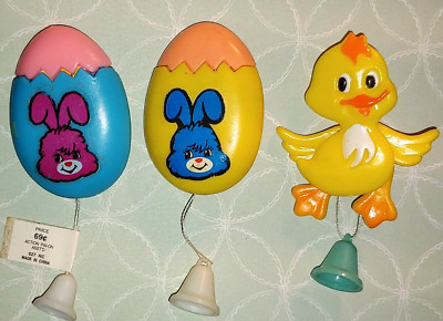3 Vintage Easter Pull String Pop Up Ducks In Bunny Eggs Pins