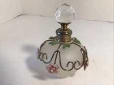Ornate Perfume Bottle W/ Cut Glass Dauber,pink Floral & Leaf Accents Gold Detail