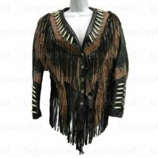 New Women's Black Western Beaded Suede Leather Jacket Cowgirl Fringed Jacket-755