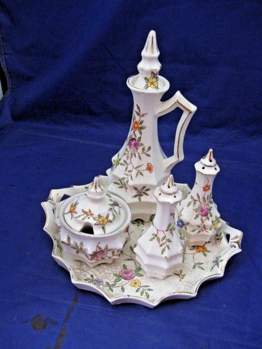 ANTIQUE CONDIMENT SET - 5 PIECES - TRAY, S & P, TALL CRUET & TINY COVERED BOWL - Picture 2 of 11