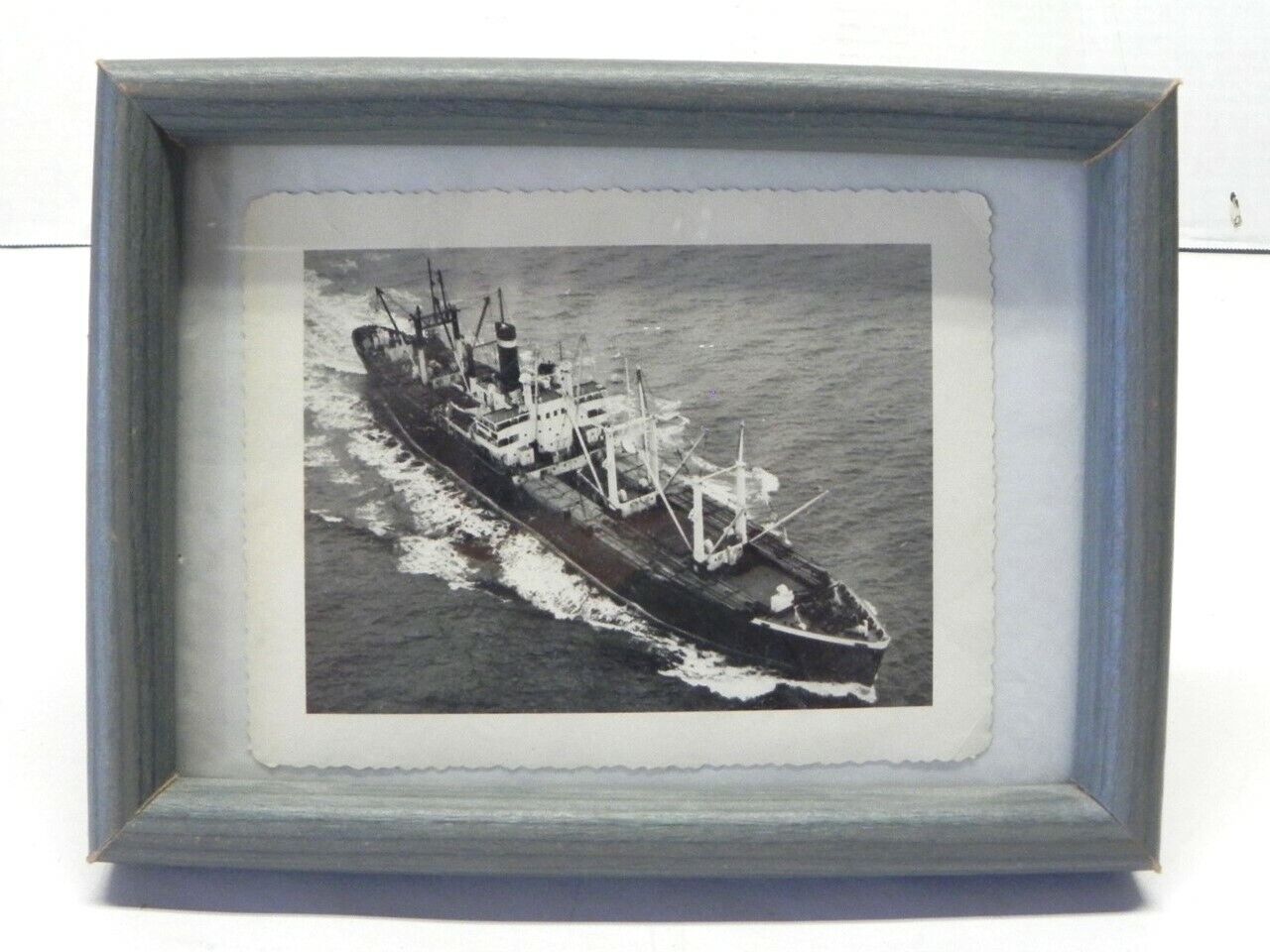 VINTAGE FRAMED PHOTOGRAPH OF THE S.S. SANTA JUANA MARCH 1951 SMALL BLUE FRAME 