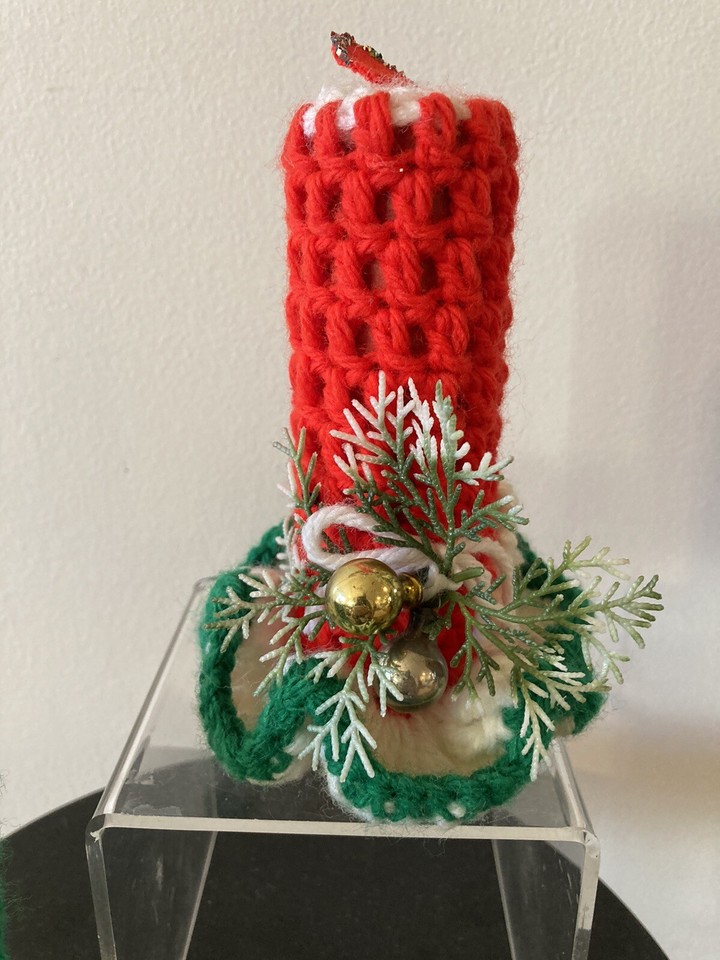 Vintage Homemade Crocheted Christmas Candle Stick Pair Grannycore eBay