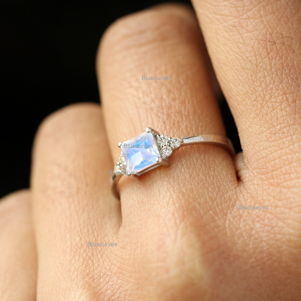 18k White Gold Princess Cut Rainbow Moonstone Real Trio Diamond Band Ring  New