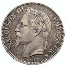 1867 FRANCE Emperor NAPOLEON III Crowned ARMS Silver 5 Francs French Coin i96236