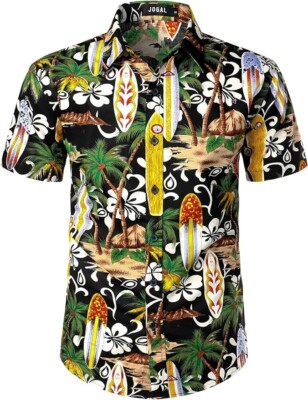 JOGAL Men's Vintage Hawaiian Shirt - Short Sleeve Floral Tropical Button Down Shirt