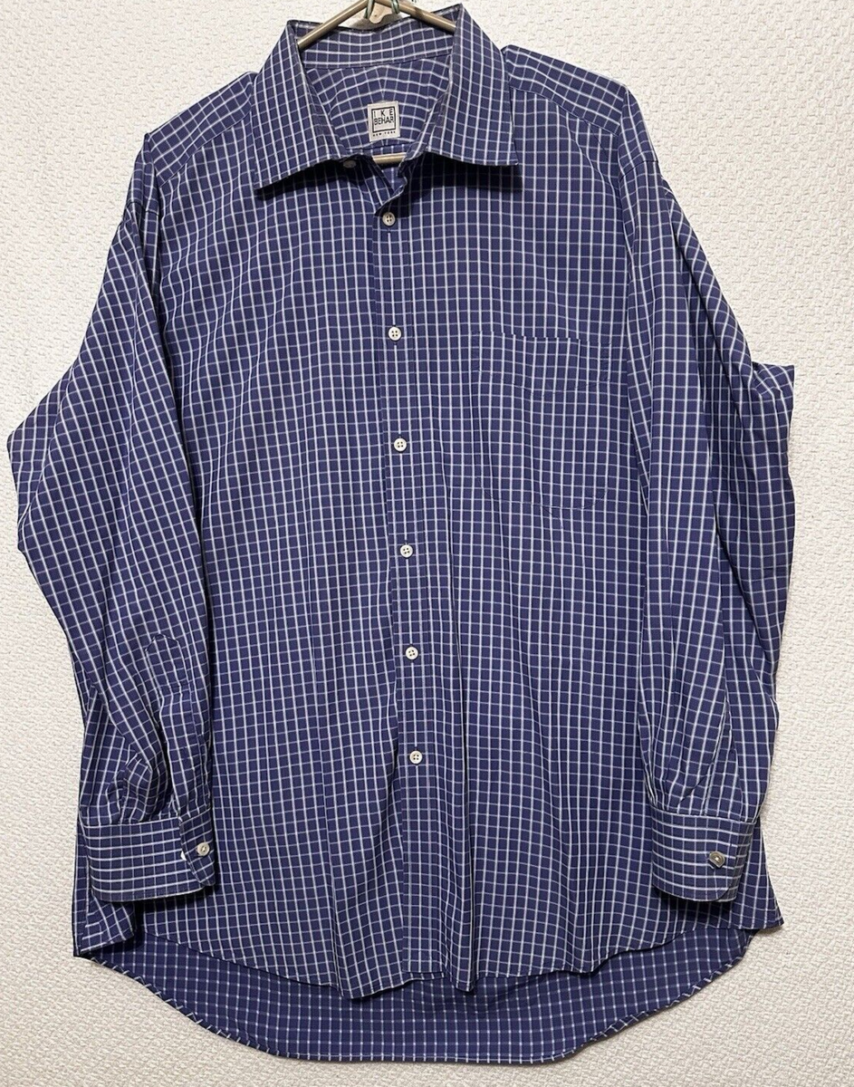 ike behar dress shirt White Cotton Laydown Collar Fits trimmer in smaller sizes and fuller in larger sizes Men's Blue Vertical Chevron Cotton