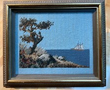 Vintage Framed Needlepoint Art Nautical Coastal Sailboat on lake under glass