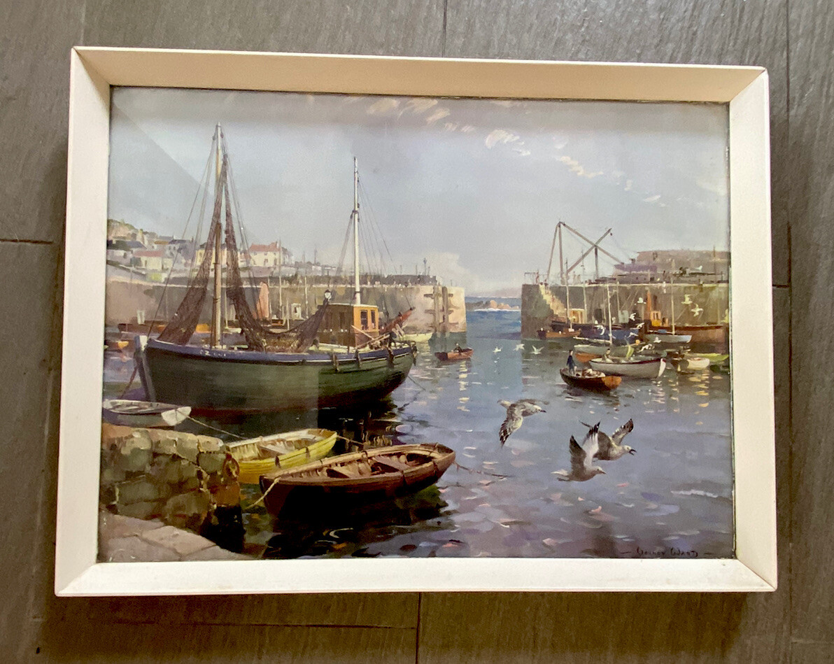 Vintage Kitsch Vernon Ward Harbour Boats Print in Painted Frame 21 x 15