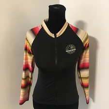 BILLABONG Black Orange Yellow Stripe Zip Front Rash Swim Guard Top Girl's Medium