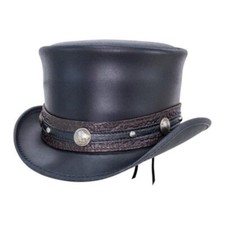 Black Leather Top Hat Handmade Bull Nickle Style Band Victorian Hat / Steampunk.