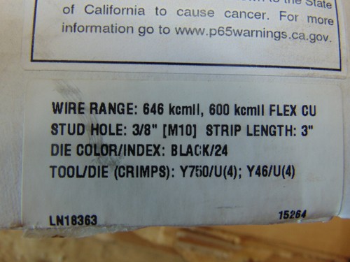 (6) Burndy Two Hole Hylug Copper Compression Lug 600 kcmll Black Die 24 Box of 6 - Picture 4 of 5