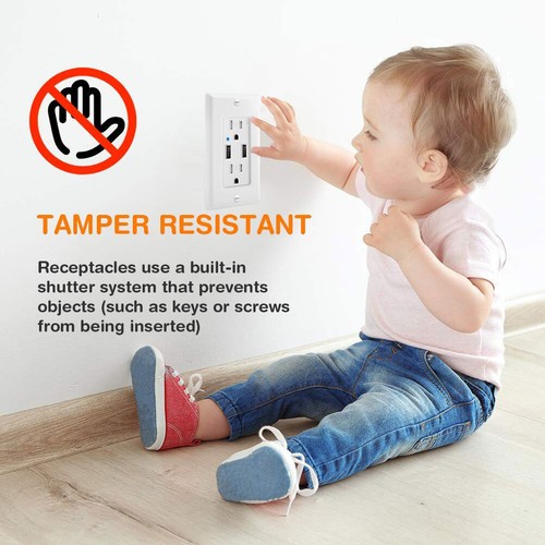 Cargador USB tipo C toma de pared 15 amperios dúplex receptáculo resistente a la manipulación con placa - Imagen 8 de 48