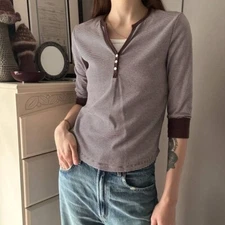 Cato Women’s Brown White Striped Top Size S-M V-Neck with Buttons 3/4 Sleeve