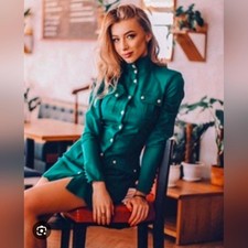 Stylish Long Sleeve Green Coat Dress With Gold Button-Up Detail Women Size Small