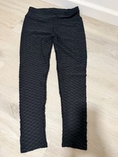 Women s Black Textured High Rise Ankle Leggings Side Pockets Stretch Knit