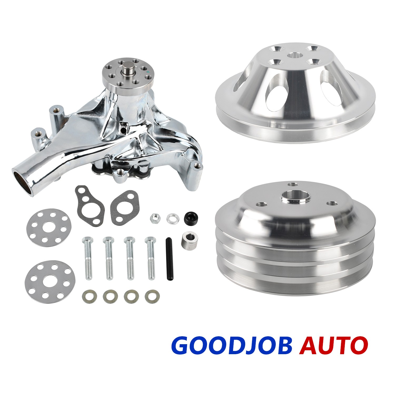Alum Chorme Long Water Pump Small Block Chevy + 1/3 Groove Pulley&Crankshaft Kit