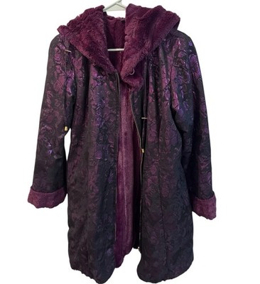 Reversible Faux Fur Coat Iman Hooded Brocade Zipper Black Purple Floral Sz Small