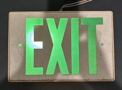 Exit Sign Vintage Metal Wall Mount Fixture Wired Lighted Green 11  L x 7.5  H