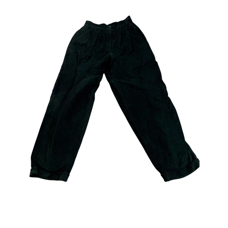 Danier Suede Leather Pleated High Waist Trousers Dark Green Size 40 Women - Image 2 of 4