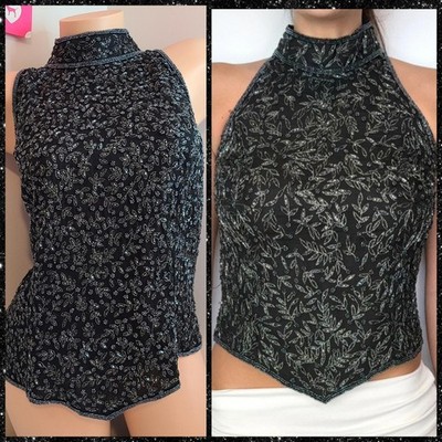 VTG Papell Evening Boutique 100% Silk Beaded High Neck Blouse Size XL