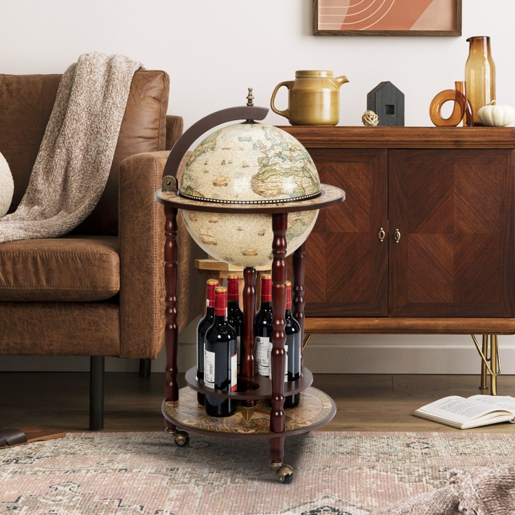 Botella de vino globo de madera de diseño estilo italiano de 17 pulgadas con ruedas