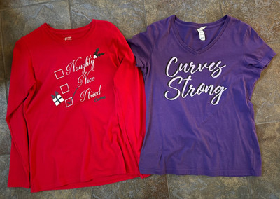 Two Curves Fitness Shirts Purple Short Sleeve & Red Christmas Long Sleeve Medium