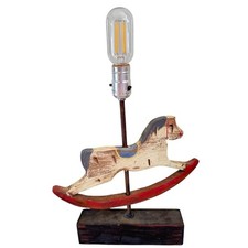 Vintage Folk Art Wooden Rocking Horse Table Lamp Distressed Hand Painted
