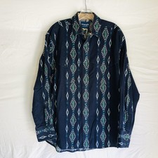 Vintage Wrangler Shirt Mens Large Blue Aztec Western Pearl Snap Brushpopper 90s