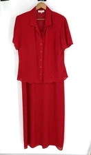 Studio I Womens 16 Two Piece Dress Set Red Short Sleeve Embroidered Jacket