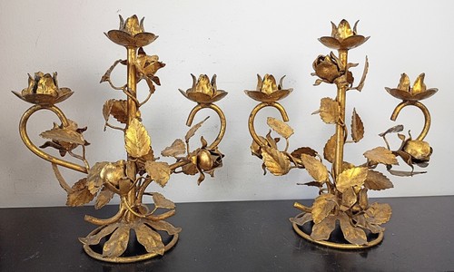 50er Paar Hollywood Regency Rosegold Italienisch Vergoldet Kerzenständer Florentine Tole - Bild 4 von 7