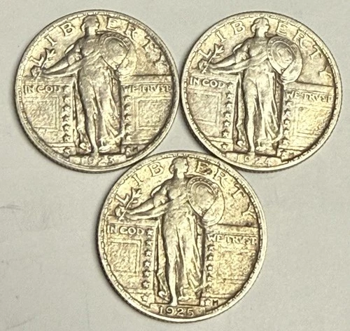 Fine/VF 1923-P 1924-P 1925-P Standing Liberty Quarters, U.S. 25c Coins Set Lot