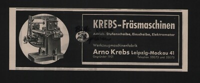 LEIPZIG, Werbung 1938, Arno Krebs Werkzeug-Maschinen-Fabrik Fräsmaschinen