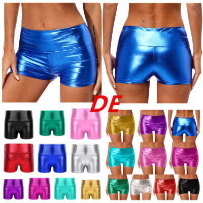 DE Damen Shorts Metallic Glanz Hot Pants Hohe Taille Kurze Hose Push Up Shorts