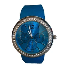 Charming Charlie Women's 10" Silvertone & Blue Watch Gemmed Bezel New Battery