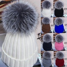 Women Winter Artificial Racoon Fur Pom Pom Ball Knit Beanie Ski Cap Bobble Hat