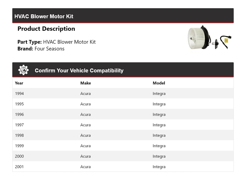 For 1994-2001 Acura Integra HVAC Blower Motor Kit 4 Seasons 1995 1996 1997 1998 - Image 2 of 3