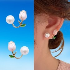 Light Luxury Pink Tulip Flower Pearl Stud Earrings For Women Korean Earrings
