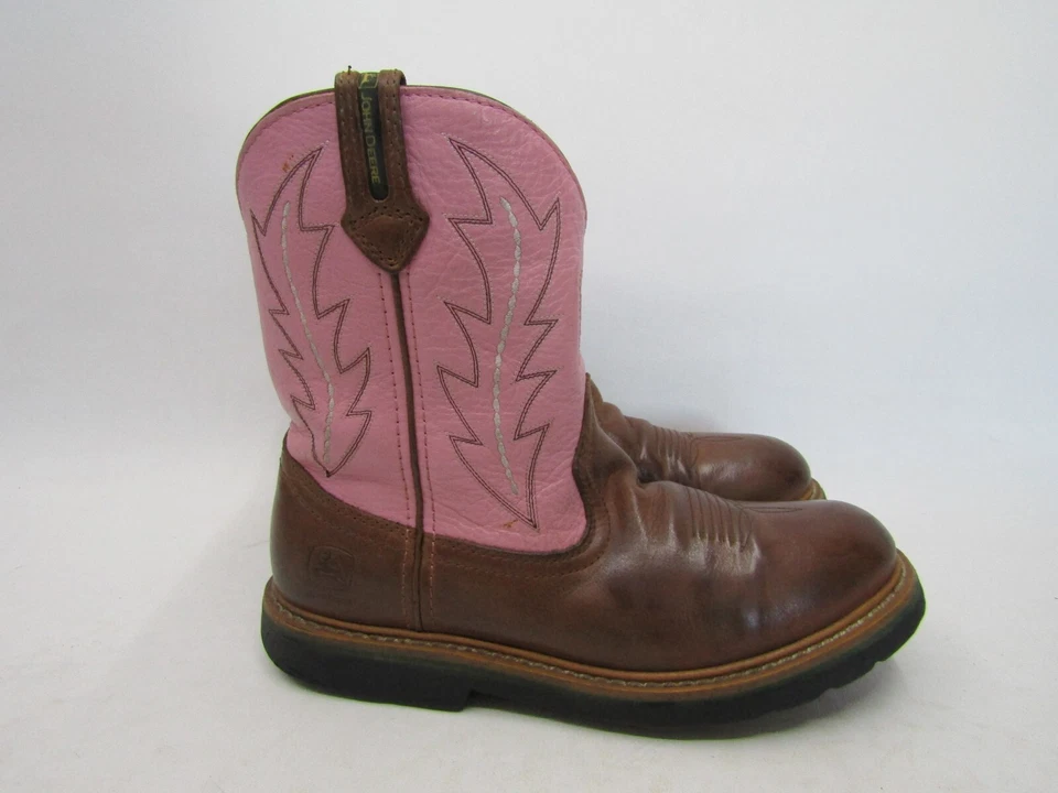 John Deere Youth Size 5.5  M Pink Brown Leather Cowboy Western Boots - Image 3 of 4