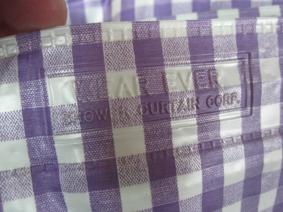 VINTAGE SHOWER CURTAIN PURPLE WHITE CHECK w MATCHING CURTAINS ~ WEAR EVER VINYL - Image 2 of 2