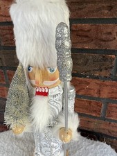 Glam Nutcracker 14" Silver White Fur Sparkle Christmas Tree Decor Glitter Wood