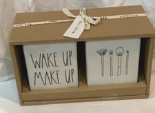Rae Dunn WAKE UP AND MAKEUP Brush Holder Canister Vanity set VHTF LL Brand New
