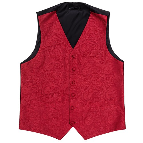 UK Mens Vest Burgundy Red Paisley Suit Silk Waistcoat Tie Cufflinks Set