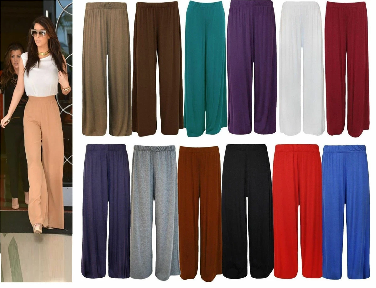 New plus size womens plain PALAZZO wide leg flared ladies trousers pants 8 26