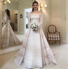Vintage White Wedding Dress Off Shoulder Long Sleeves Lace Applique Bridal Gowns
