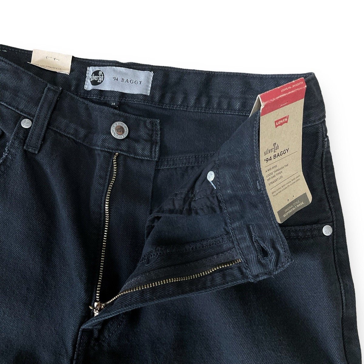 Levis Silvertab Jeans Women 28 Black Distressed Rip 94 Baggy